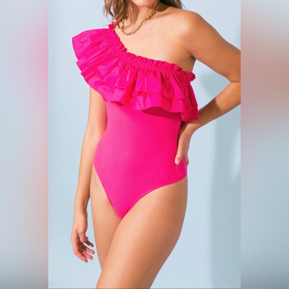 Flying Tomato Tops - Flying Tomato One Shoulder Ruffle Bodysuit Size L Fuchsia Ribbed Stretch